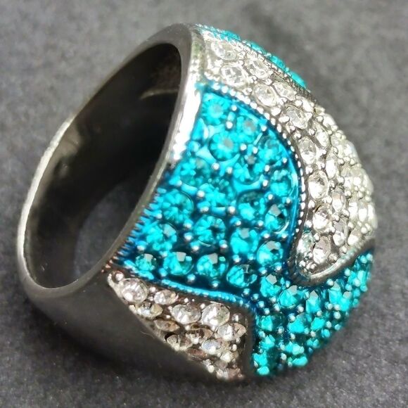 Big Aqua and Crystal Rhinestone Silver Ring sz8 - Picture 5 of 6